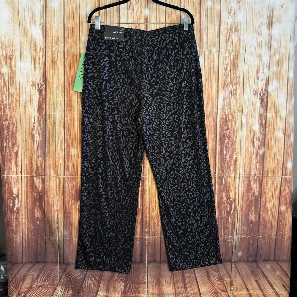 Nine West Black Silver Leopard Print Wide Leg Elegant Pants Women’s Size PL